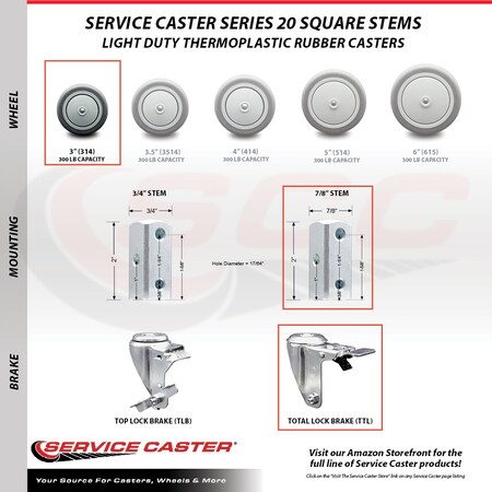 Service Caster 3 Inch Thermoplastic Rubber 7/8 Inch Square Stem Caster Total Lock Brakes, 2PK SCC-SQTTL20S314-TPRB-78-2-S-2